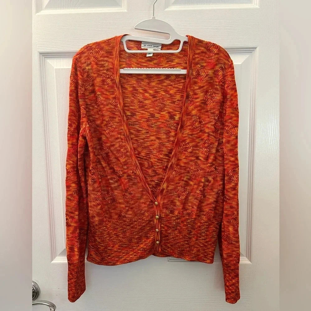 ! St. John Sport Summer Red Orange Knit Gold Button Cropped Cardigan Shrug…